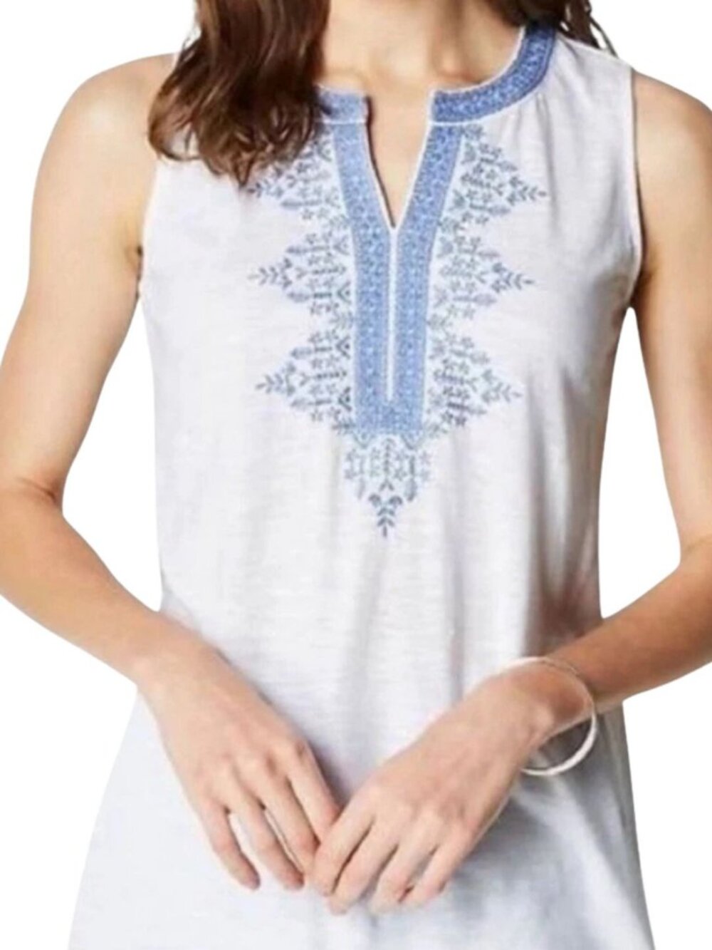 J.Jill Blue Embroidered Sleeveless Tunic Top M Coastal Boho Cottagecore Summer